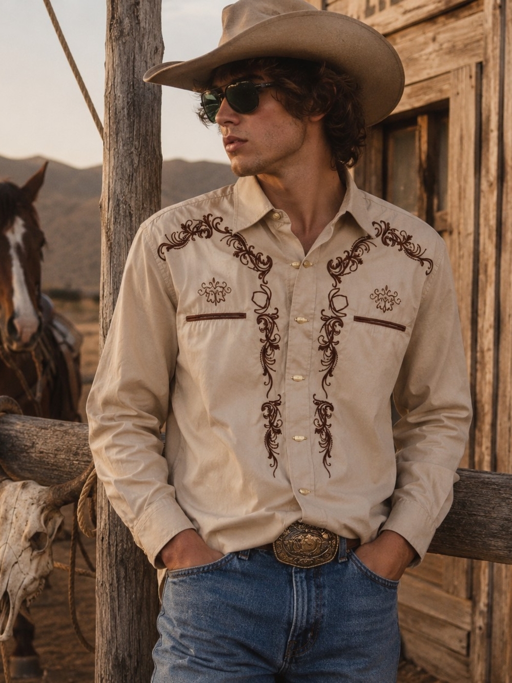 Y2K Patron Cito Red Label Brown Western Shirt Embroidered Cowboy Sz Small